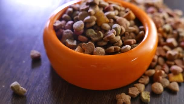 Cuenco Naranja Lleno Comida Seca Para Mascotas — Vídeos de Stock