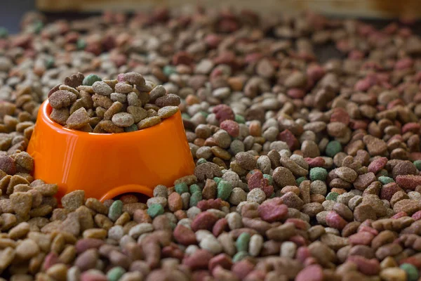 Pomerančová Plastová Miska Naplněná Suchým Krmivem Pro Domácí Zvířata Obklopená — Stock fotografie