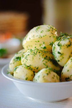Genç patatesler, restoran masasındaki otlarla kaynıyor.