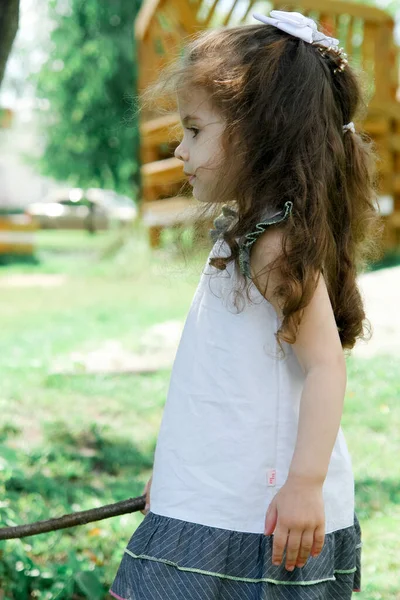 Adorável Menina Brincando Passeio Parque Verde — Fotografia de Stock