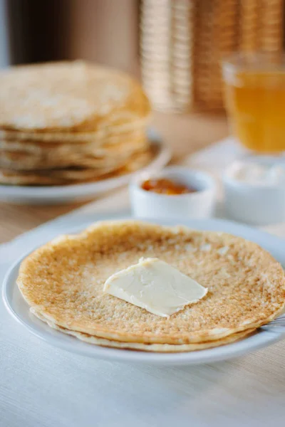 Ryska Pannkakor Vegetarisk Rätt Nationell Restaurang — Stockfoto