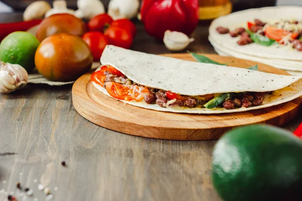 Vegetarian Quesadilla Traditional Mexican Food Wooden Board — Stock Photo, Image