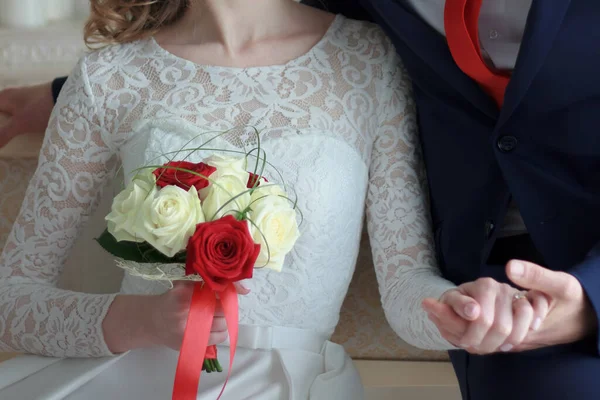 Groom Holding Bride Arm His Hand — Stock Photo, Image