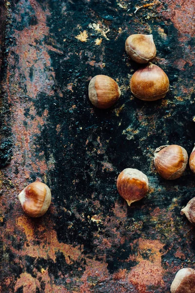 Vista Dall Alto Delle Castagne Sfondo Rustico Nero — Foto Stock