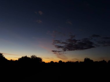 Koyu ağaçlar ve parlak turuncu gökyüzü ile gün batımı ufku.