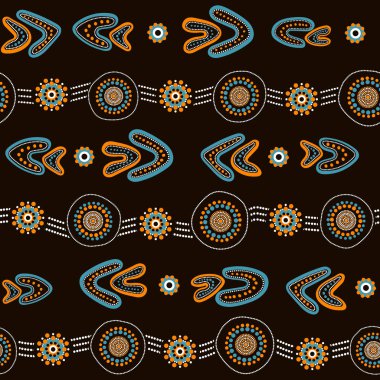 Avustralya Aborjin sorunsuz vektör desen renkli noktalı daireler, yüzük, bumerang ve kahverengi zemin üzerinde dalgalı şeritler ile