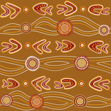 Avustralya Aborjin sorunsuz vektör desen renkli noktalı daireler, yüzük, sanılmasına ve açık kahverengi renkli dalgalı çizgiler ile