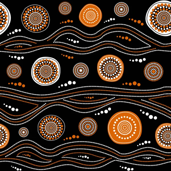 Australian Aboriginal Seamless Vector Pattern White Orange Dotted Circles Rings — Stock Vector