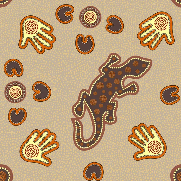 Australian Aboriginal Seamless Vector Pattern Colorful Dotted Circles Lizard Palms — Stock Vector