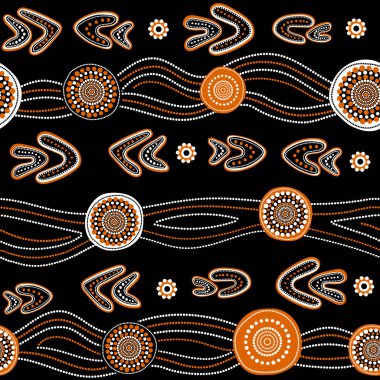 Daireler, yüzük, sanılmasına ve dalgalı çizgili siyah arka plan üzerine Avustralya Aborjin sorunsuz vektör desen beyaz ve turuncu noktalı