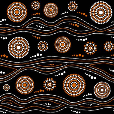 Avustralya Aborjin sorunsuz vektör desen beyaz ve turuncu noktalı daireler, yüzük ve siyah arka plan üzerinde eğri çizgiler ile
