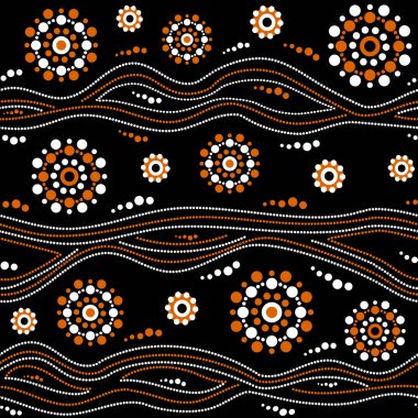 Avustralya Aborjin sorunsuz vektör desen beyaz ve turuncu noktalı daireler, yüzük ve siyah arka plan üzerinde eğri çizgiler ile