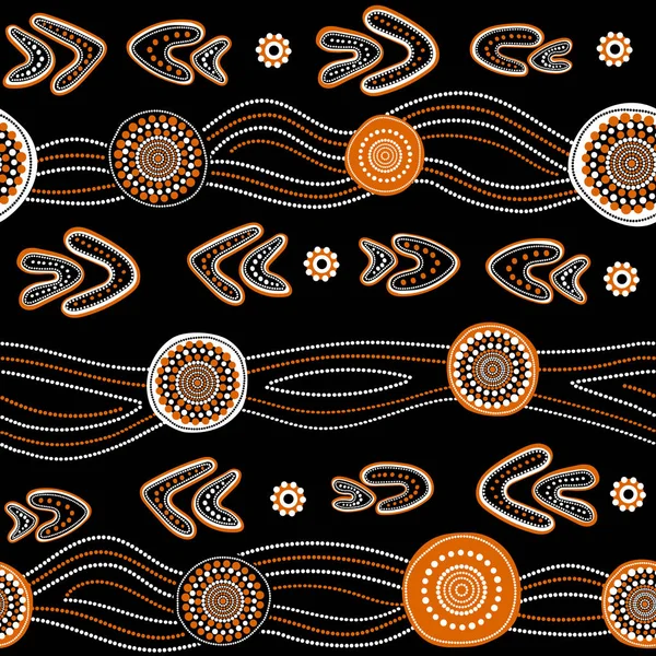 Daireler, yüzük, sanılmasına ve dalgalı çizgili siyah arka plan üzerine Avustralya Aborjin sorunsuz vektör desen beyaz ve turuncu noktalı