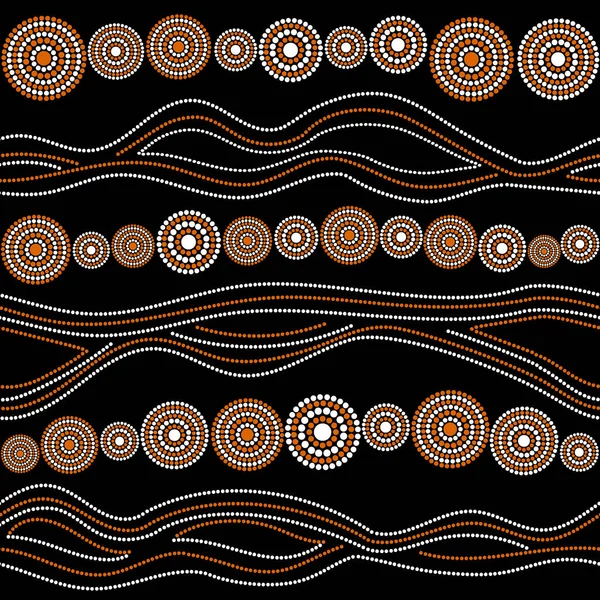 Avustralya Aborjin sorunsuz vektör desen beyaz ve turuncu noktalı daireler, yüzük ve siyah arka plan üzerinde eğri çizgiler ile