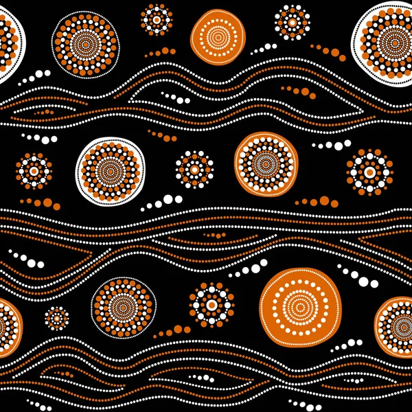 Australian Aboriginal Seamless Vector Pattern White Orange Dotted Circles Rings — Stock Vector