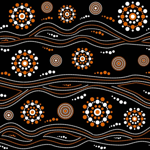 Avustralya Aborjin sorunsuz vektör desen beyaz ve turuncu noktalı daireler, yüzük ve siyah arka plan üzerinde eğri çizgiler ile