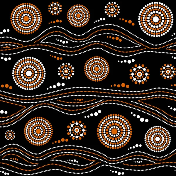 Avustralya Aborjin sorunsuz vektör desen beyaz ve turuncu noktalı daireler, yüzük ve siyah arka plan üzerinde eğri çizgiler ile