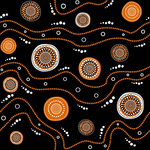 Avustralya Aborjin sorunsuz vektör desen beyaz ve turuncu noktalı daireler, yüzük ve siyah arka plan üzerinde eğri çizgiler ile