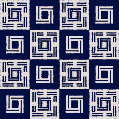 Soyut indigo shibori pürüzsüz vektör deseni ile mozaik beyaz ikat baskısı