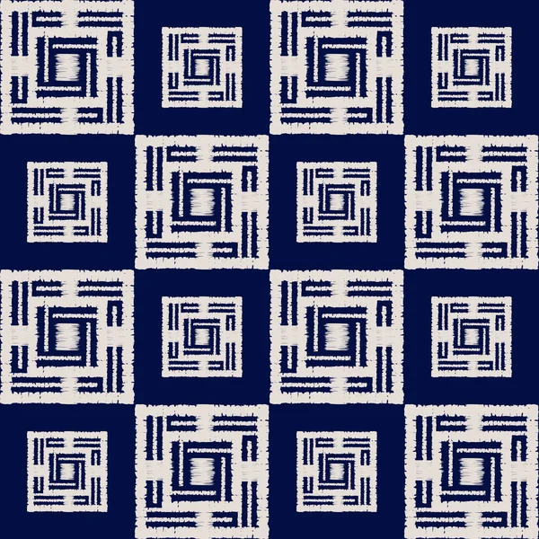 Abstracto Patrón Vectorial Índigo Shibori Sin Costuras Con Ikat Blanco — Vector de stock