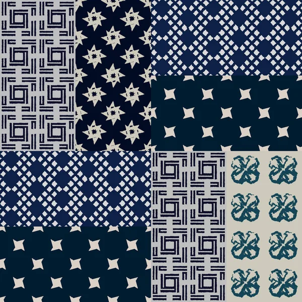 Indigo shibori patrón vectorial sin costura abstracto con ikat impresión de mosaico — Vector de stock