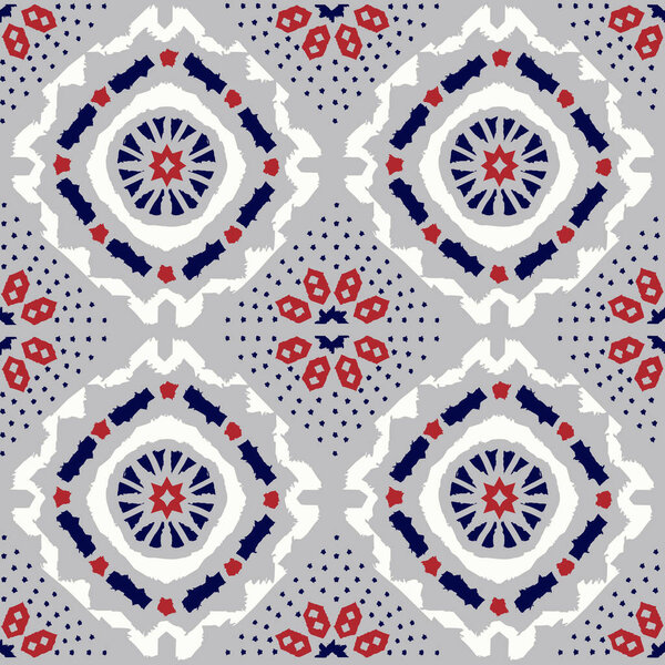 Geometric folk seamless vector pattern with ikat ethnic print of striped ornament