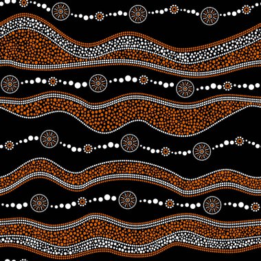Avustralya Aborjininin noktalı daireleri, halkaları, güneşleri ve çarpık çizgileri olan kusursuz vektör deseni
