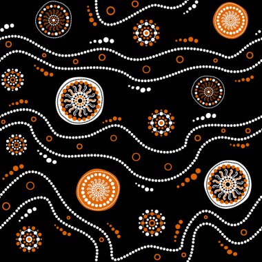 Avustralya Aborjininin noktalı daireleri, halkaları, güneşleri ve çarpık çizgileri olan kusursuz vektör deseni