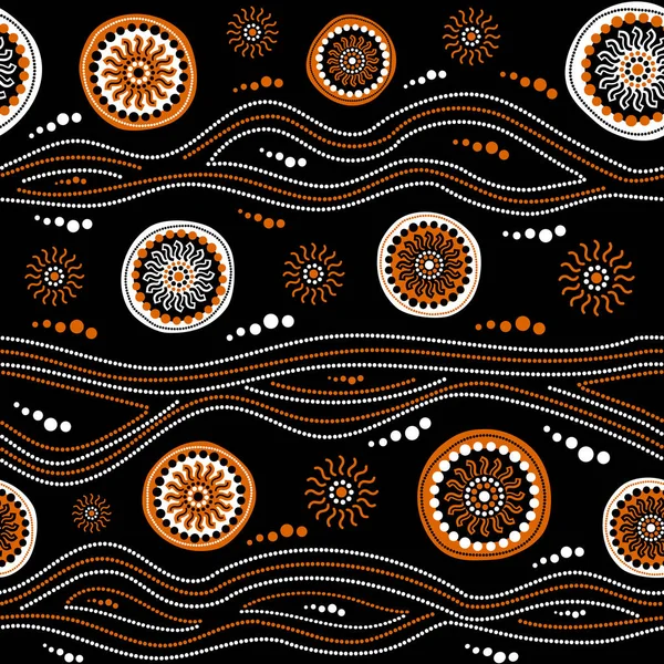 Australský domorodý bezešvý vektorový vzor s tečkovanými kruhy, prstenci, slunci a křivolakými pruhy — Stockový vektor