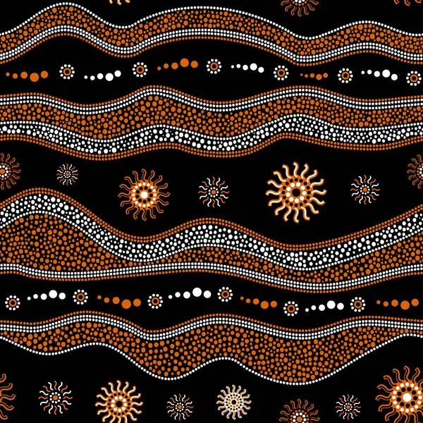 Australian aboriginal art seamless vector pattern with dotted circles, rings, suns and crooked stripes — Stock Vector