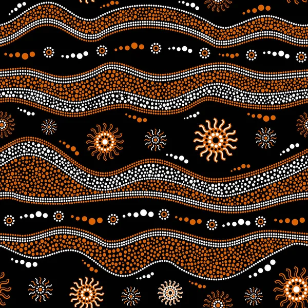 Australský domorodý umělecký vektorový vzor s tečkovanými kruhy, prstenci, slunci a křivolakými pruhy — Stockový vektor