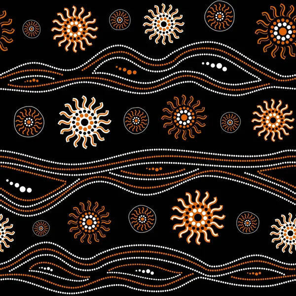Australian aboriginal seamless vector pattern with dotted circles, rings, suns and crooked stripes — Stock Vector
