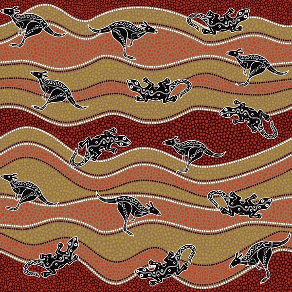 Patrón vectorial inconsútil de arte aborigen australiano con canguro, lagarto y rayas torcidas punteadas — Vector de stock