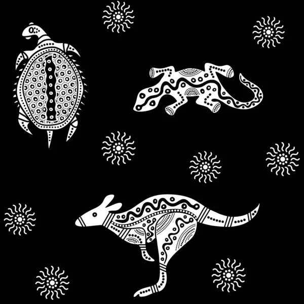 Australian aboriginal art seamless vector pattern with kangaroo, lizard, turtle and other typical elements — Stock Vector