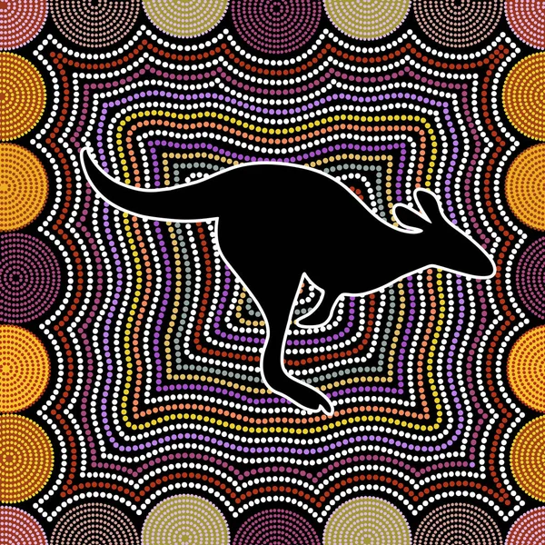 Patrón vectorial sin costuras de arte aborigen australiano con círculos punteados, canguro y rayas torcidas sobre fondo negro — Vector de stock