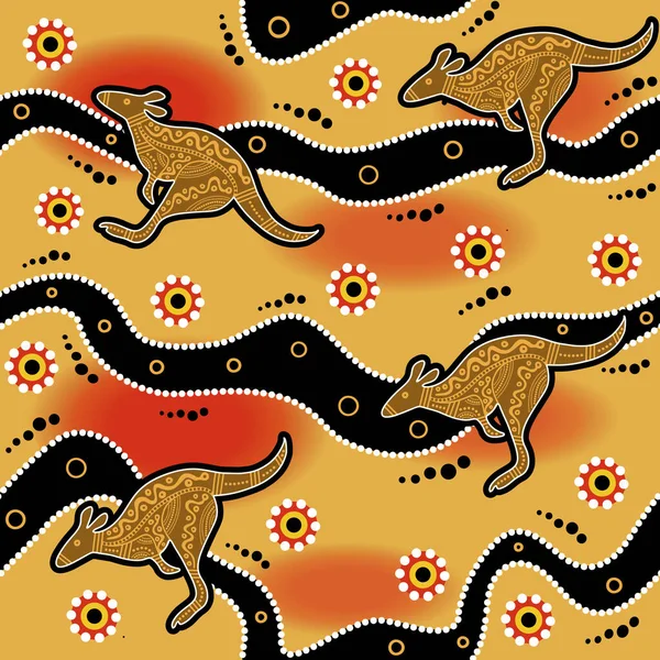 Australský domorodý umělecký vektorový vzor s tečkovanými kruhy, klokanem, křivými pruhy a dalšími typickými etnickými prvky — Stockový vektor