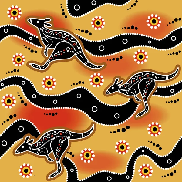 Arte aborígene australiana padrão vetor sem costura com círculos pontilhados, canguru, listras tortas e outros elementos étnicos típicos —  Vetores de Stock