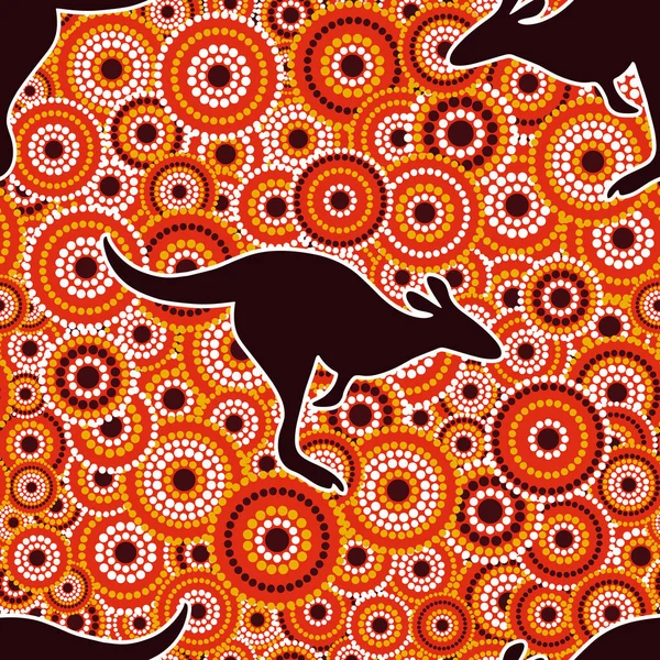 Patrón vectorial sin costuras de arte aborigen australiano con círculos punteados y canguro — Vector de stock