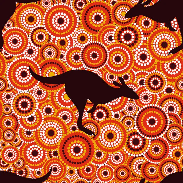 Patrón vectorial sin costuras de arte aborigen australiano con círculos punteados y canguro — Vector de stock