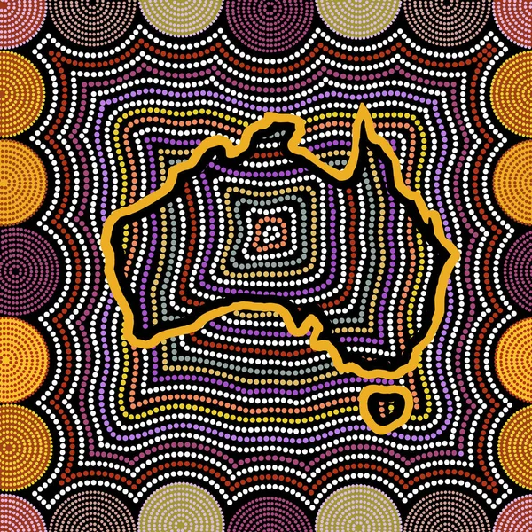 Patrón vectorial sin costuras de arte aborigen australiano con círculos punteados, mapa de Australia y rayas torcidas sobre fondo negro — Vector de stock