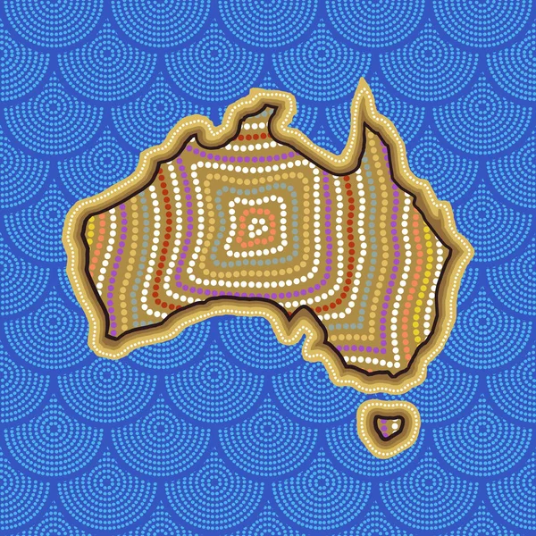 Australian aboriginal art seamless vector pattern with dotted circles, Australia map and crooked stripes — Stock Vector