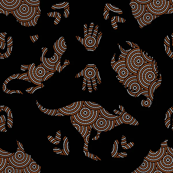 Patrón vectorial inconsútil aborigen que incluye motivos étnicos australianos con territorio australiano, canguro, lagarto, tortuga, palma, boomerang y otros elementos típicos punteados — Archivo Imágenes Vectoriales