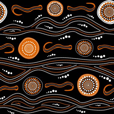 Siyah arka planda tipik elementlere sahip, Avustralya 'nın etnik yerlisi de dahil olmak üzere, kusursuz el çizimi deseni