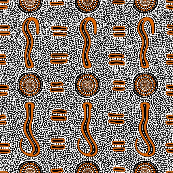 Vector seamless hand drawn pattern including ethnic Australian aboriginal shield motive with typical elements on dotted background — Stock Vector