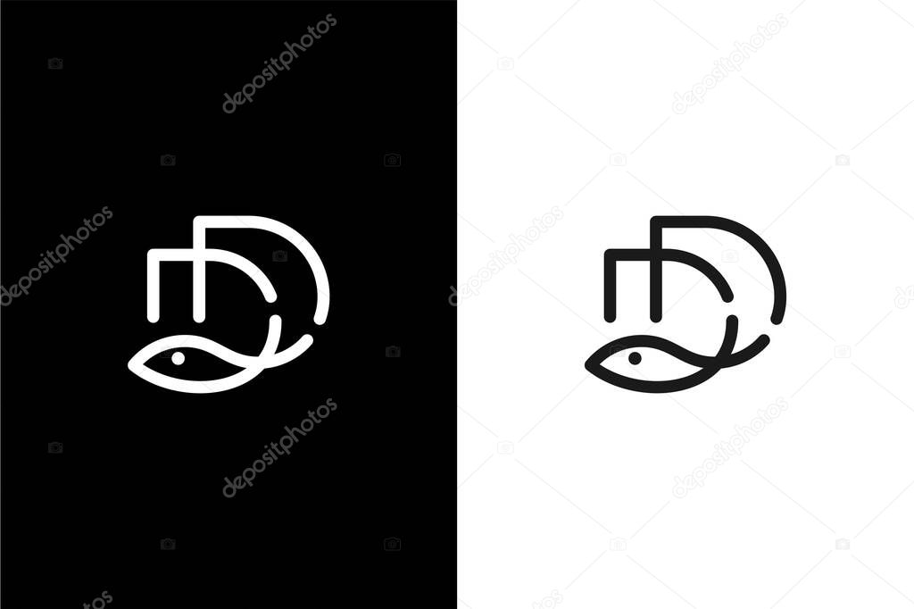 Minimalist Letter DD fish or Fish DD logo concept vector icon