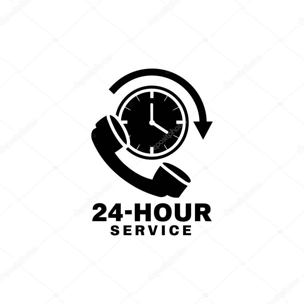 24-Hour Service with Telephone and Clock Illustration for Customer Support