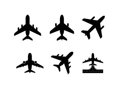 Uçak siluet simgesi set vektörü, siyah uçak sembolleri koleksiyonu, uçuş seyahat piktogram tasarımı ulaşım, havaalanı ve havayolu projeleri