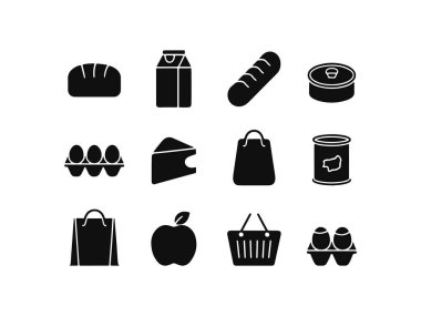 Market ikonu vektör seti, siluet gıda alışveriş sepeti, süt, ekmek, elma, muz, yumurta, peynir, konserve eşya tasarım illüstrasyonu
