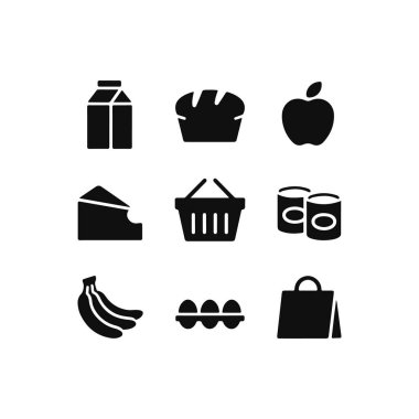 Market ikonu vektör seti, siluet gıda alışveriş sepeti, süt, ekmek, elma, muz, yumurta, peynir, konserve eşya tasarım illüstrasyonu