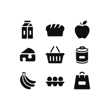 Market ikonu vektör seti, siluet gıda alışveriş sepeti, süt, ekmek, elma, muz, yumurta, peynir, konserve eşya tasarım illüstrasyonu
